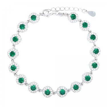 Sterling Silver May Birthstone CZ Halo Bracelet 7x7mm, 16.5+3.5cm