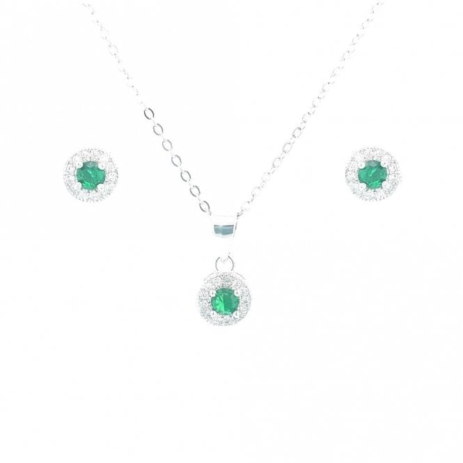 Faith Sterling Silver Sterling Silver May Birthstone CZ Halo Necklace & Earrings Set 7x7mm, 16-18