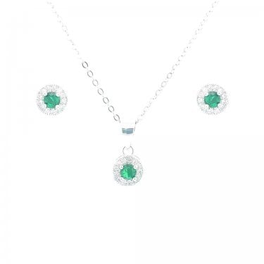 Sterling Silver May Birthstone CZ Halo Necklace & Earrings Set 7x7mm, 16-18"