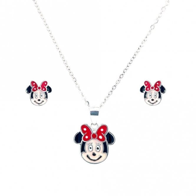 Faith Sterling Silver Sterling Silver Minnie Mouse Enamel Necklace & Earrings Set 7x8mm, 12x13mm, 16-18