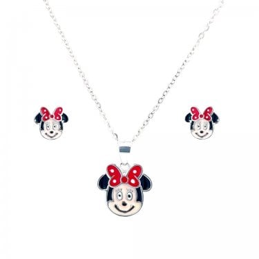 Sterling Silver Minnie Mouse Enamel Necklace & Earrings Set 7x8mm, 12x13mm, 16-18"