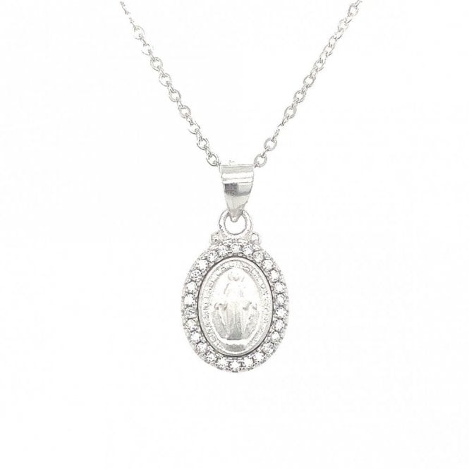 Faith Sterling Silver Sterling Silver  Miraculous Medal with CZ Surround Necklace 13x11mm, 16-18