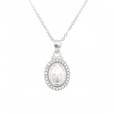 Sterling Silver  Miraculous Medal with CZ Surround Necklace 13x11mm, 16-18"