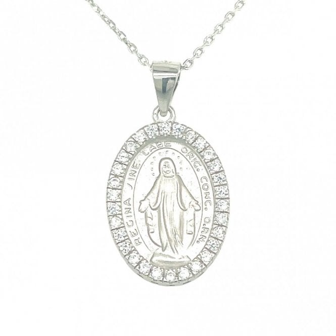 Faith Sterling Silver Sterling Silver Miraculous Medal with CZ Surround Necklace 18x13mm, 16-18