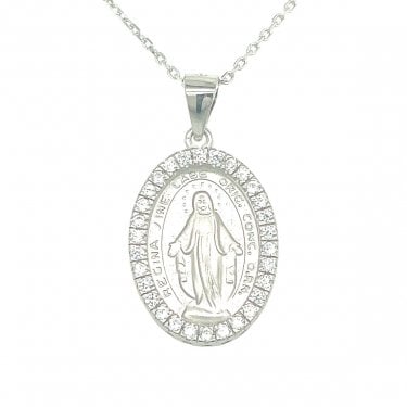 Sterling Silver Miraculous Medal with CZ Surround Necklace 18x13mm, 16-18" 
