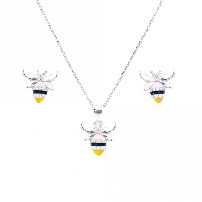 Faith Sterling Silver Sterling Silver Multicolour & CZ Bee Necklace & Earrings Set 11x10mm, 16-18