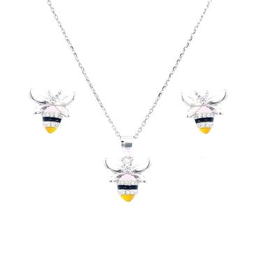 Sterling Silver Multicolour & CZ Bee Necklace & Earrings Set 11x10mm, 16-18"