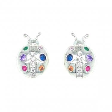 Sterling Silver Multicoloured CZ Ladybird Kids Stud Earrings 10x8mm