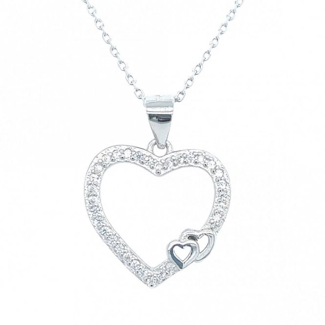 Faith Sterling Silver Sterling Silver Open Beaded Heart with Double Plain Heart Necklace 26x16mm, 16-18