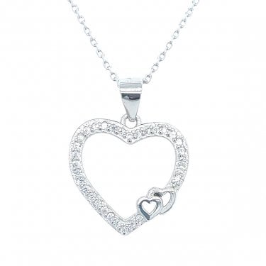 Sterling Silver Open Beaded Heart with Double Plain Heart Necklace 26x16mm, 16-18"