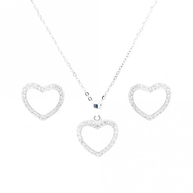 Faith Sterling Silver Sterling Silver Open CZ Heart Necklace & Earrings Set 15x13mm, 16-18