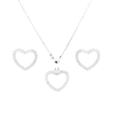 Sterling Silver Open CZ Heart Necklace & Earrings Set 15x13mm, 16-18"