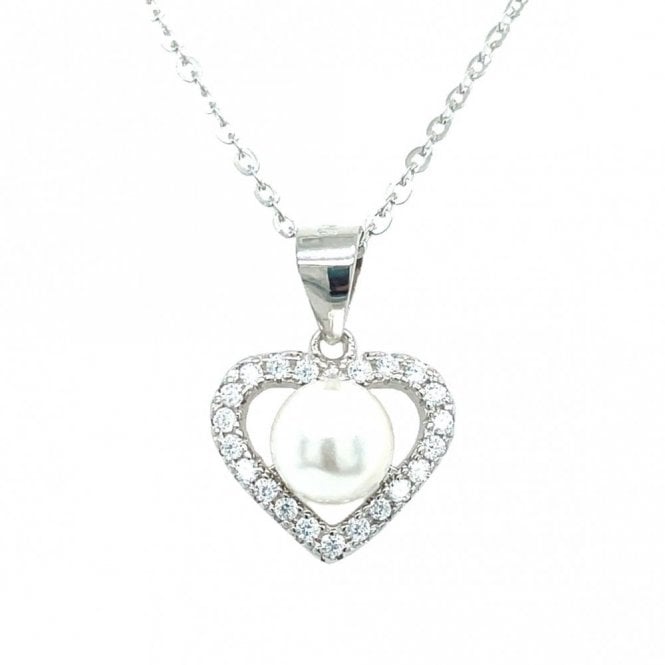Faith Sterling Silver Sterling Silver Open CZ Heart with Pearl Centre Necklace 11x12mm, 16-18
