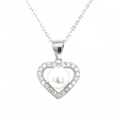 Sterling Silver Open CZ Heart with Pearl Centre Necklace 11x12mm, 16-18"