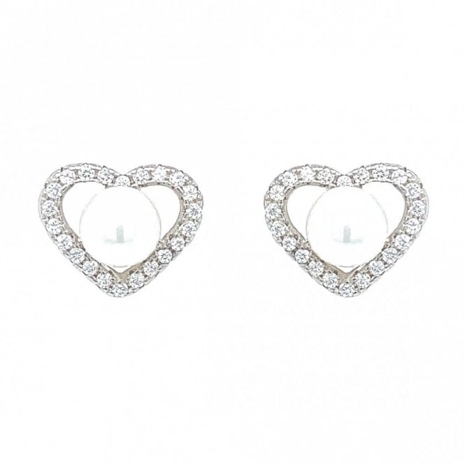 Faith Sterling Silver Sterling Silver Open CZ Heart with Pearl Centre Stud Earrings 9x11mm