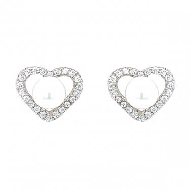 Sterling Silver Open CZ Heart with Pearl Centre Stud Earrings 9x11mm