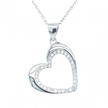 Sterling Silver Open CZ Heart with Plain Heart Shadow Necklace 16mm, 16-18"