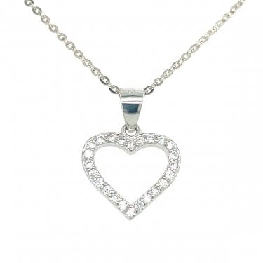 Sterling Silver Open Heart CZ Necklace 14x12mm, 16-18" 