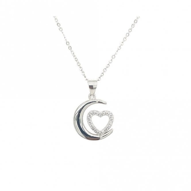 Faith Sterling Silver Sterling Silver Open Moon with CZ Heart Necklace 14x14mm, 16-18