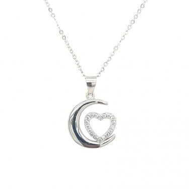 Sterling Silver Open Moon with CZ Heart Necklace 14x14mm, 16-18"