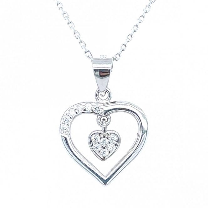 Faith Sterling Silver Sterling Silver Open Part CZ Heart with Hanging Rubover Pave Heart Necklace 13x14mm, 16-18