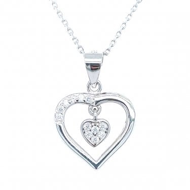 Sterling Silver Open Part CZ Heart with Hanging Rubover Pave Heart Necklace 13x14mm, 16-18"