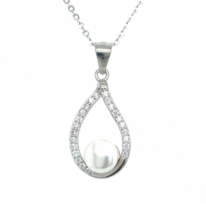 Faith Sterling Silver Sterling Silver Open Pear with Pearl in Centre Necklace 19x12mm, 16-18