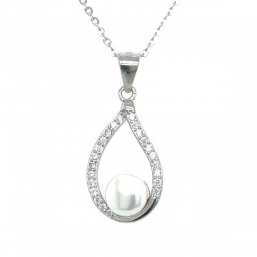 Sterling Silver Open Pear with Pearl in Centre Necklace 19x12mm, 16-18"