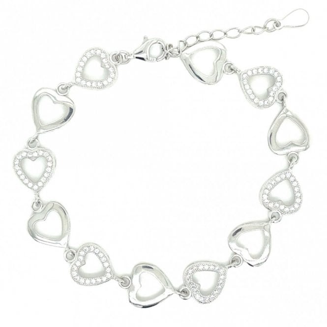 Faith Sterling Silver Sterling Silver Open Plain & CZ Alternating Hearts Bracelet,  9x10mm 15.5+4cm