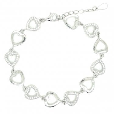 Sterling Silver Open Plain & CZ Alternating Hearts Bracelet,  9x10mm 15.5+4cm