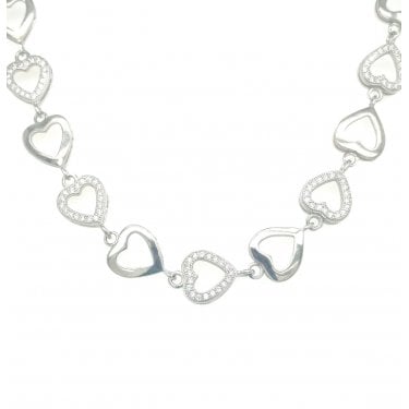 Sterling Silver Open Plain & CZ Alternating Hearts on Extendable Necklace 40.5+3.5cm