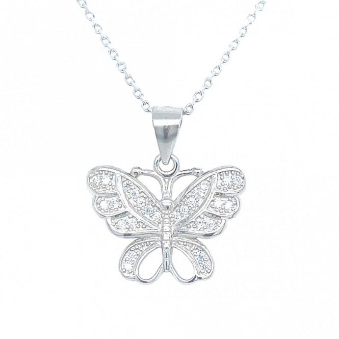 Faith Sterling Silver Sterling Silver Ornate CZ Butterfly with Rubover Edges Necklace 13x18mm, 16-18