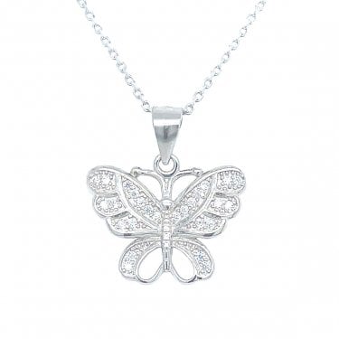 Sterling Silver Ornate CZ Butterfly with Rubover Edges Necklace 13x18mm, 16-18"