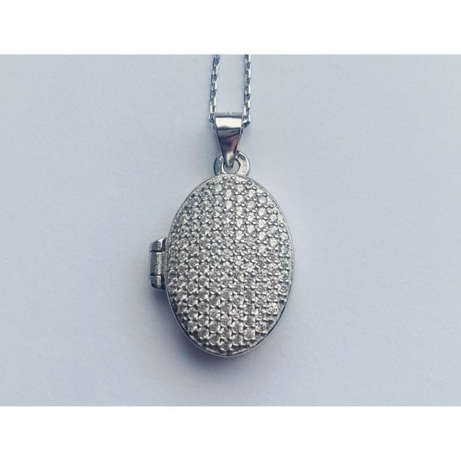 Faith Sterling Silver Sterling Silver Oval CZ Encrusted 19 x 14mm Locket & 18 