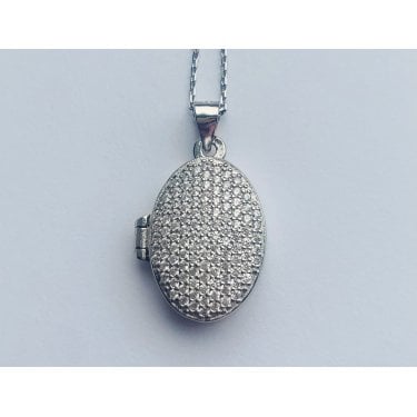 Sterling Silver Oval CZ Encrusted 19 x 14mm Locket & 18 "Chain