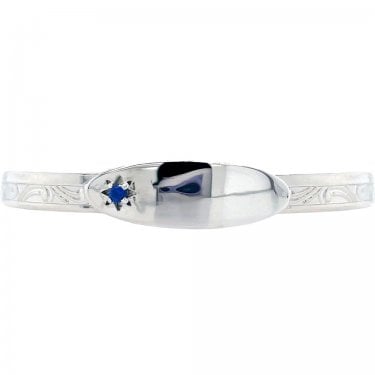 Sterling Silver Oval ID Plate with Blue CZ Patterned Baby Bangle 0.7cm, 4.5-6cm