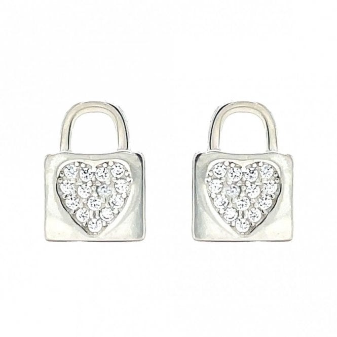 Faith Sterling Silver Sterling Silver Padlock with CZ Heart Stud Earrings 10x8mm