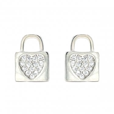 Sterling Silver Padlock with CZ Heart Stud Earrings 10x8mm
