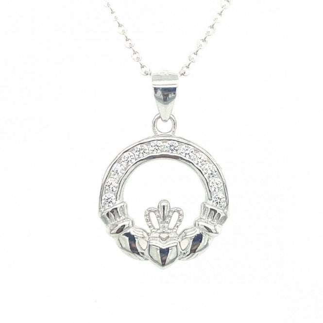 Faith Sterling Silver Sterling Silver Part CZ Claddagh Necklace 18x15mm, 16-18