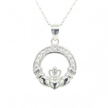 Sterling Silver Part CZ Claddagh Necklace 18x15mm, 16-18"