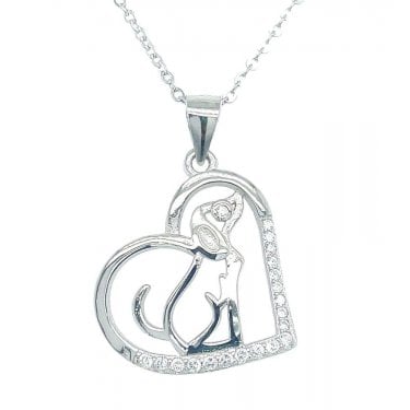 Sterling Silver Part CZ Open Heart with Plain Dog Outline Centre Necklace 18mm, 16-18"