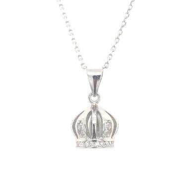 Sterling Silver Part CZ Part Plain 3D Crown Necklace 12x9mm, 16-18"