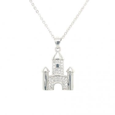 Sterling Silver Part CZ Part Plain Castle Necklace 18x13m, 16-18"