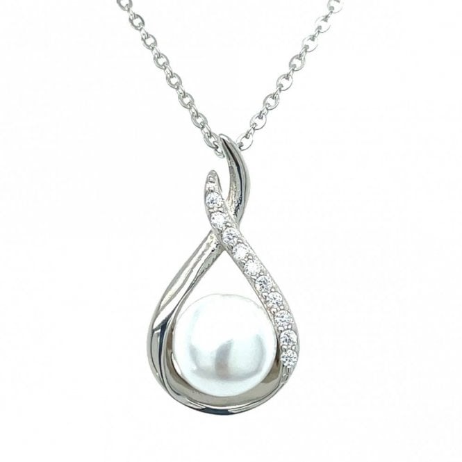 Faith Sterling Silver Sterling Silver Part CZ Pear Crossover with Single Pearl Necklace 22x12mm, 16-18