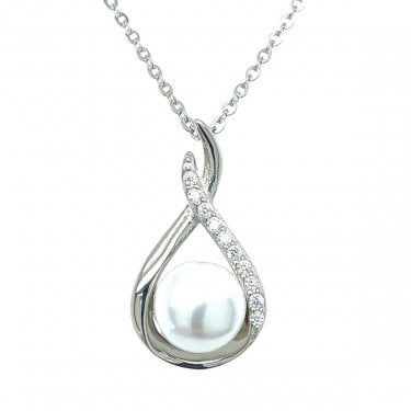 Sterling Silver Part CZ Pear Crossover with Single Pearl Necklace 22x12mm, 16-18"