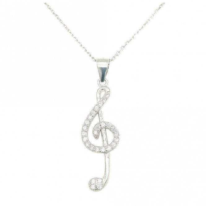 Faith Sterling Silver Sterling Silver Part CZ Treble Clef Music Note Necklace 25x9mm, 16-18