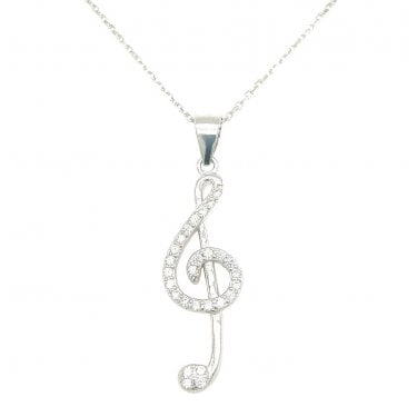 Sterling Silver Part CZ Treble Clef Music Note Necklace 25x9mm, 16-18" 