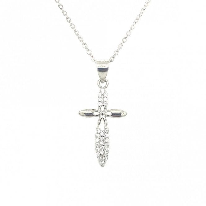 Faith Sterling Silver Sterling Silver Part Plain Part CZ Cross Necklace 22x12mm, 16-18