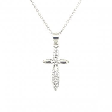 Sterling Silver Part Plain Part CZ Cross Necklace 22x12mm, 16-18"