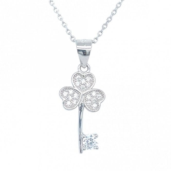 Faith Sterling Silver Sterling Silver Pave 3 Heart Shamrock Top Key Necklace 17x9mm, 16-18